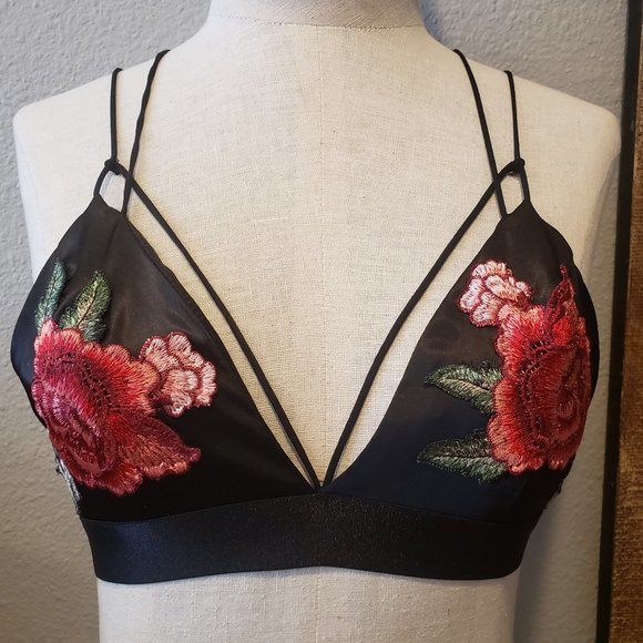 Other - NWOT Satin Like Black Rose Bralette.  Size S